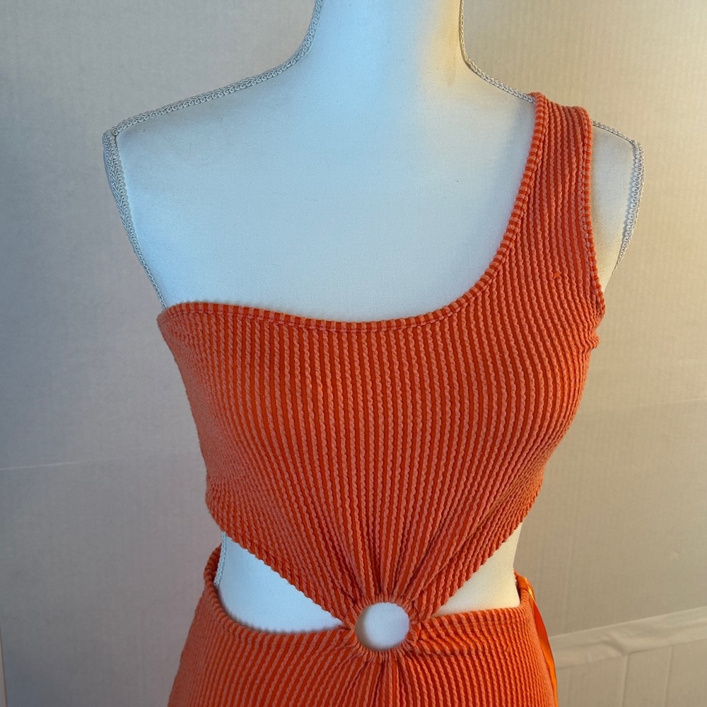 Love J Orange Ribbed One Shoulder Cutout Bodycon Mini Dress. Sz S - Picture 2 of 8